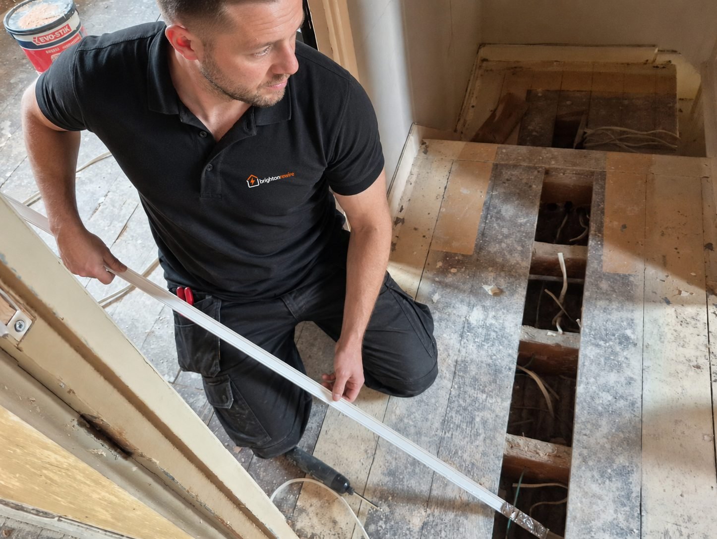 Electrician measuring conduit over an open floor on a Midhurst rewire